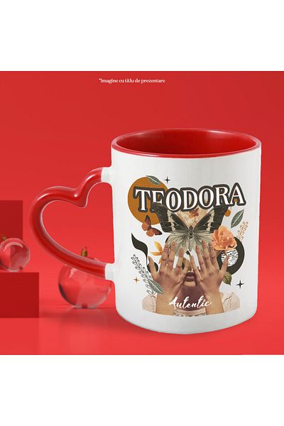 StoryGift Romania Mug With Name Teodora, Girl Collage, Butterfly, Flowers, Circle, 330ml, Ceramic with Handle, With ,STG