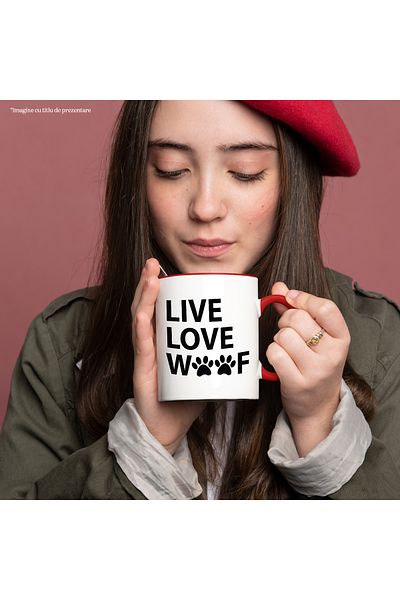 StoryGift Romania Mug for dog lovers with the message in English "Live, love, woof" - traies, Cu