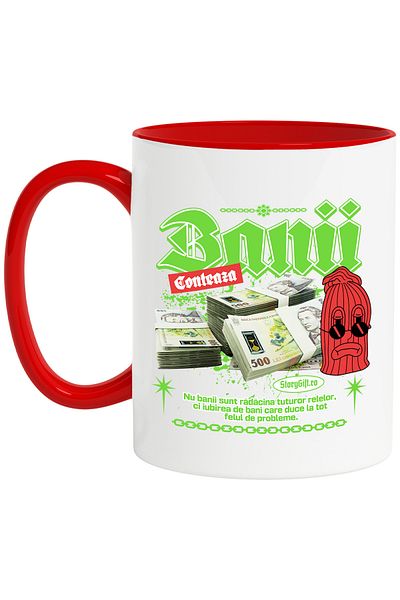 StoryGift Romania Money Matters Mug - Stack of 500 Romanian Lei, 330ml, Ceramic with Red Handle, With Ma,STG