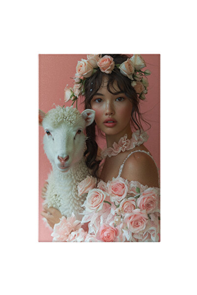 StoryGift Romania Tablou Canvas Girl With The Sheep Cu Blana Pufoasa Alba Cu ...