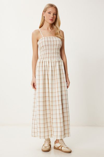 Lovelyİstanbul Strappy Striped Linen Dress Biscuit Lns0060