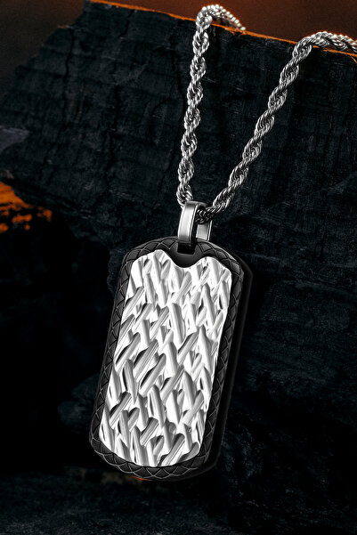 OSMANLI GÜMÜŞ Steel Tag Burma Zincir Erkek Kolye - Asker Künyesi Desenli, Döv...