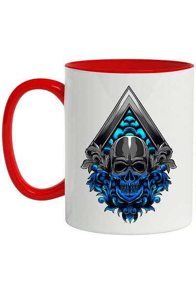 StoryGift Romania Skull Mug, Rhombus, Abstract, Multicolor 330 ml, Ceramic with Red Handle, With R Handle, STG