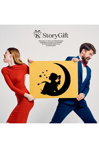 StoryGift Romania Sticker Exterior cu o fetita zana - sta pe semiluna stelute bagheta , Vinyl Negru, 50 cm