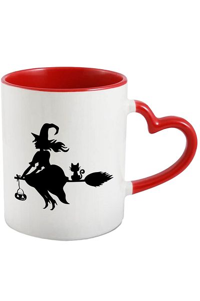 StoryGift Romania Mug with a witch and a kitten flying on a broom with Red Heart Handle, With Handle, STG