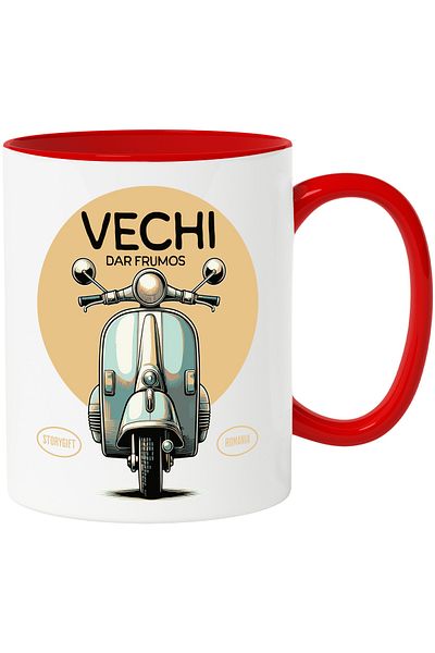 StoryGift Romania Old but beautiful vintage classic motor scooter mug, 330ml, Ceramic with Red Handle, With ,STG