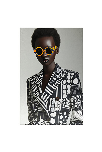 StoryGift Romania Tablou Canvas: Mulata Cu Par Cret In Sacou Alb-negru Cu Nasturi Si Ochelari Galbeni Cu Mov Pic