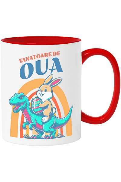 StoryGift Romania Dinosaur and Rabbit Holiday Egg Hunt Mug, 330ml, Ceramic with Red Handle, With ,STG