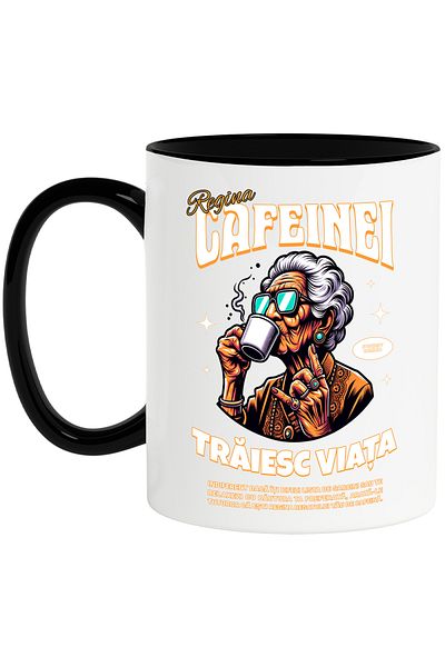 StoryGift Romania Queen of Caffeine Mug. I Live Life, Grandma, 330ml, Ceramic with Black Handle, With Handle, STG