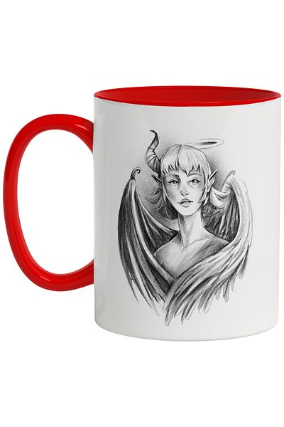 StoryGift Romania Mug With Angel, Demon, Wings, Woman, Duality, Horn, Black and White 330 ml, Ceramic, With ,STG