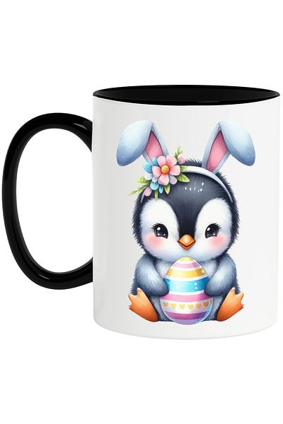 StoryGift Romania Mug with a little penguin, illustration, holding a painted egg, Easter holidays, ear, With ,STG