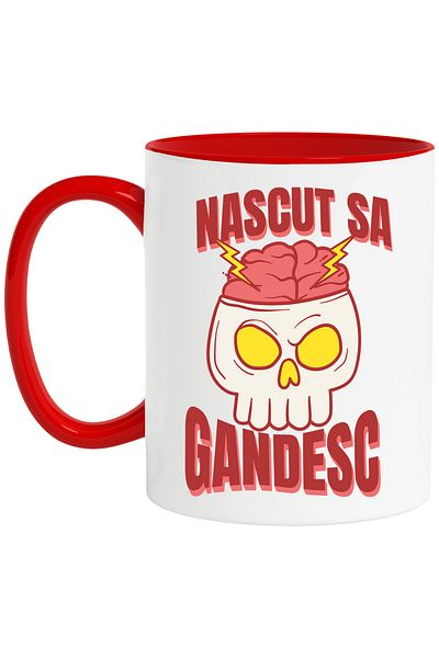 StoryGift Romania Mug Born to Think Skull with Genius Brain, 330ml, Ceramic with Red Handle, With Handle, STG