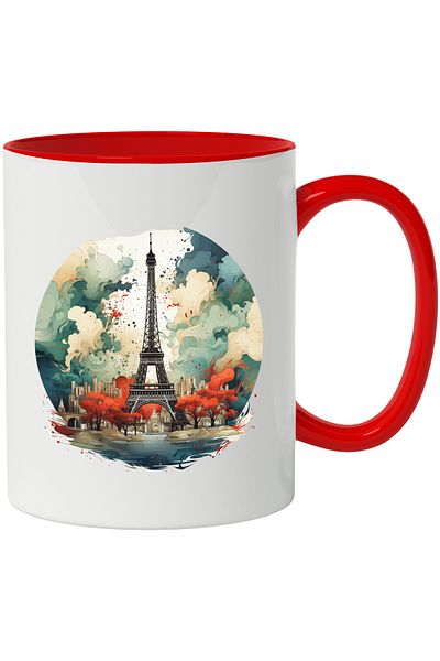 StoryGift Romania Mug With Monument: Eiffel Tower, Trees, Sky, Clouds, City, Multicolor 330 ml, Sky, With,STG