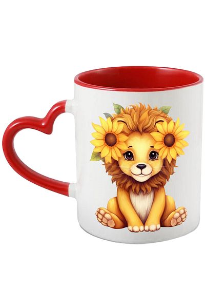 StoryGift Romania Mug with a lion cub with sunflower flowers in front of its ears | illustr., With ,STG