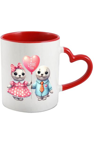 StoryGift Romania Mug with 2 happy seals | illustration | heart-shaped balloon with the message "I love, With, STG.