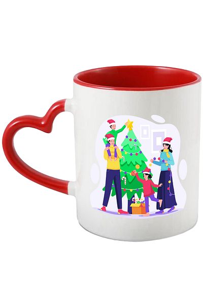 StoryGift Romania Mug With Tree, Christmas, Family, Globes, Multicolor 330 ml, Ceramic with Linen Handle, With ,STG.