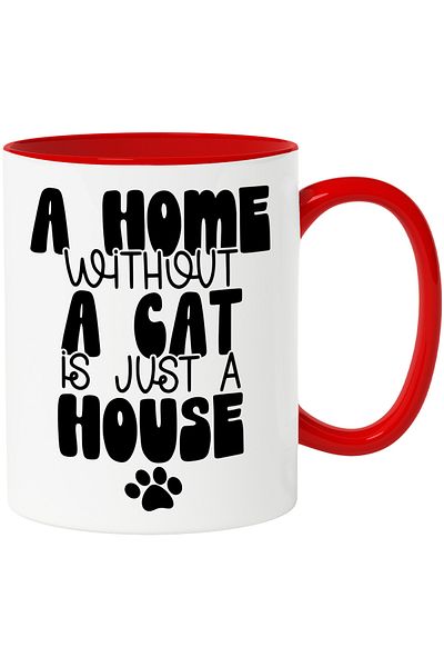 StoryGift Romania Cana Cu Textul ""acasa" Fara O Pisica Este Doar O Casa" - Felina Cu Maner Rosu, Cu Ma,stg
