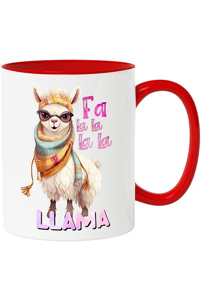 StoryGift Romania Llama mug with the message "Fa La La La La Llama", scarf, glasses, equipped, illus, With ,STG