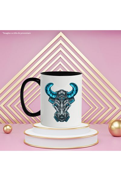 StoryGift Romania Mug With Bull Head, Horns, Robot, SF, Cyberpunk, Cables, Multicolor 330 ml, C, Cu,STG