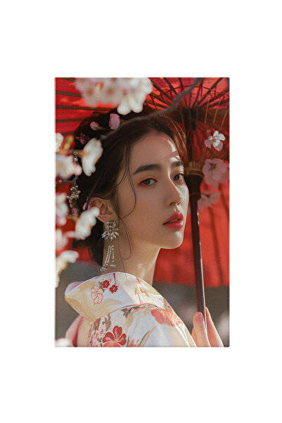 StoryGift Romania Tablou Canvas: Gheișa Cu Umbrelă Roșie Tradiția Asiatică Și Portret Close Up Kimono Cu Flori Pi