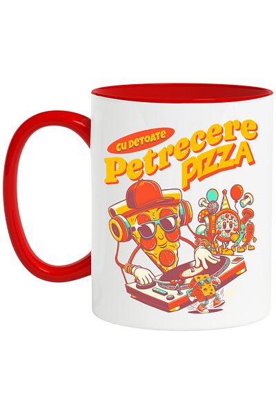 StoryGift Romania Pizza party mug with all things DJ music, 330ml, Ceramic with Red Handle, With Ro Handle, STG.