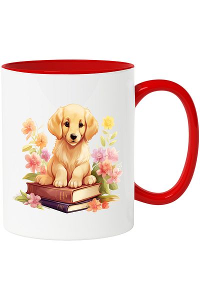 StoryGift Romania Mug with a Golden Retriever puppy sitting on 2 closed books | illustration | neck, With, STG.