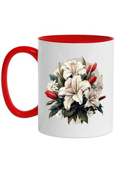 StoryGift Romania Mug With Bouquet of Lilies, Flowers, Leaves, Petals, Tulips, Multicolor 330 ml, Ceram, With ,STG