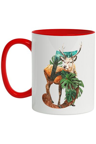StoryGift Romania Mug With Number, 5, Deer, Plants, Leaves, Multicolor 330 ml, Ceramic with Red Handle, With ,STG