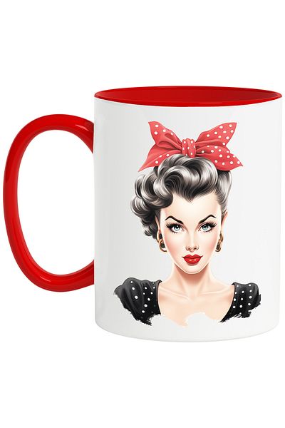 StoryGift Romania Mug with a beautiful brunette woman with short hair, illustration, retro style, old, d, With ,STG
