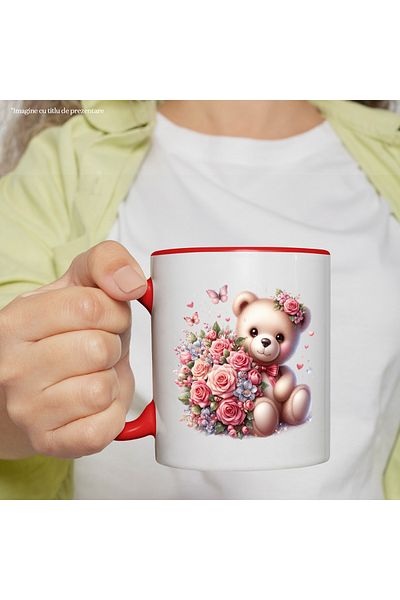 StoryGift Romania Mug with a teddy bear holding a bouquet of roses | butterflies | hearts | c, Cu,STG