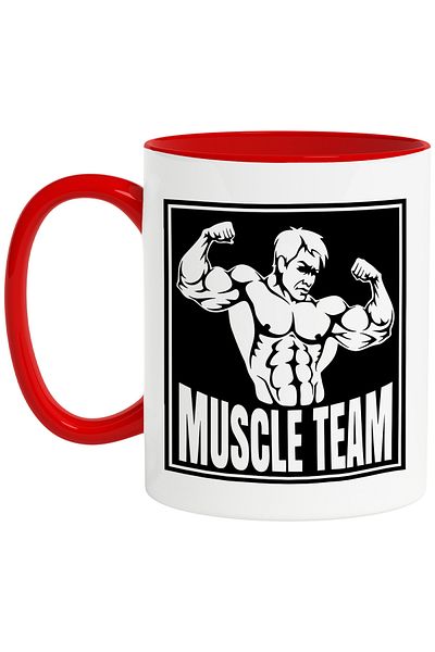 StoryGift Romania Mug with a bodybuilder and the message "Muscle team" - muscle team with Red Handle, Cu Ma,STG