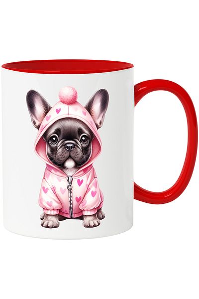 StoryGift Romania Mug with a sad puppy wearing a heart sweatshirt | illustration | apre, Cu,STG