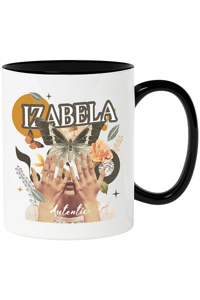 StoryGift Romania Mug With Name Izabela, Girl Collage, Butterfly, Flowers, Circle, 330ml, Ceramic with Handle, With ,STG