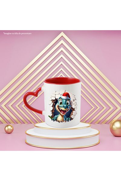 StoryGift Romania Mug with a dinosaur wearing a Christmas hat | happy | sticking its head out through a feather, With ,STG .