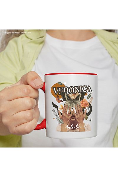 StoryGift Romania Mug With Name Veronica, Girl Collage, Butterfly, Flowers, Circle, 330ml, Ceramic with Handle, With ,STG