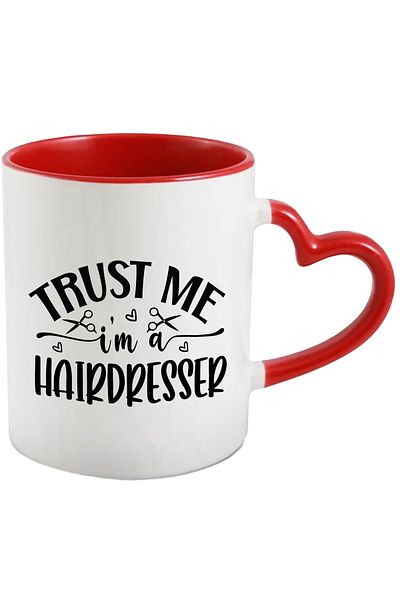StoryGift Romania Mug with a message that says you can trust hairdressers with a Heart Handle R, Cu, STG.