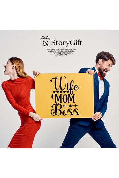 StoryGift Romania Sticker Eticheta 40CM Exterior cu inimioare si textul in engleza "Wife, mom, boss" - sotie mam