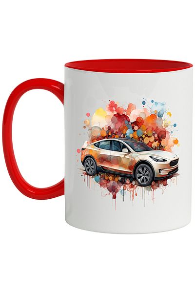 StoryGift Romania Mug With Tesla, Car, Vehicle, Brand, Watercolor, Multicolor 330 ml, Ceramic c, With ,STG