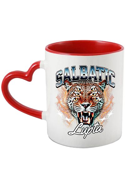 StoryGift Romania Wild Leopard Mug with 6 Eyes - Fight, 330ml, Ceramic with Red Heart Handle, With Handle, STG.