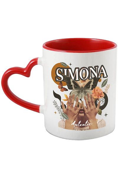 StoryGift Romania Mug With Name Simona, Girl Collage, Butterfly, Flowers, Circle, 330ml, Ceramics with Handles, With ,STG