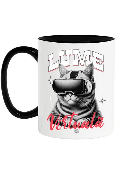 StoryGift Romania Virtual World Mug cat with VR glasses video game, 330ml, Ceramic with Handle Ne, With, STG.