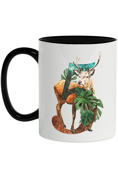 StoryGift Romania Mug With Number, 5, Deer, Plants, Leaves, Multicolor 330 ml, Ceramic with Black Handle, With ,STG