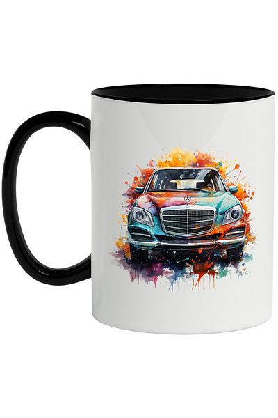 StoryGift Romania Mug With Car, Logo, Mercedes, Vintage, Splash Watercolor, Multicolor 330 ml, Ce, Cu, STG