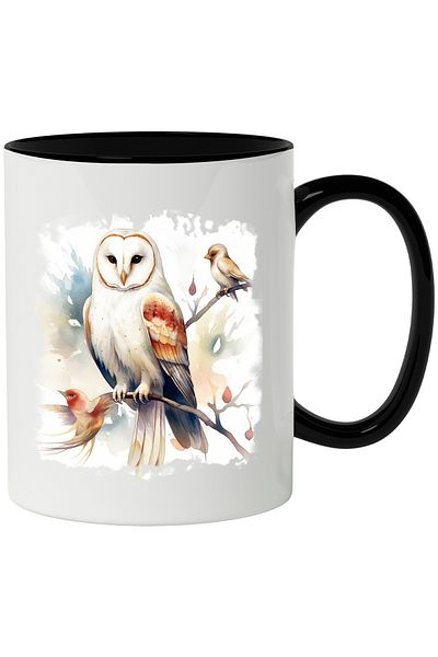 StoryGift Romania Mug With Owl, Birds, Branch, Leaves, Flowers, Illustration, Multicolor 330 ml, , With ,STG