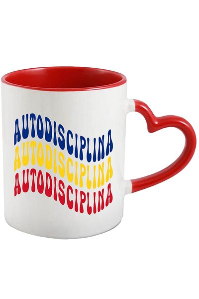 StoryGift Romania Mug with the word Self-discipline, in the colors of the Romanian flag, Red, Yellow, White, with STG.