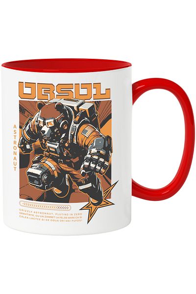 StoryGift Romania Grizzly Bear Astronaut Mug, Gravity, Robot, 330ml, Ceramic with Red Handle, With Handle, STG