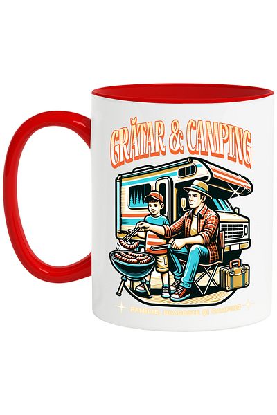 StoryGift Romania Mug Barbecue and camping father son family caravan, 330ml, Ceramic with Red Handle, With Ma,STG