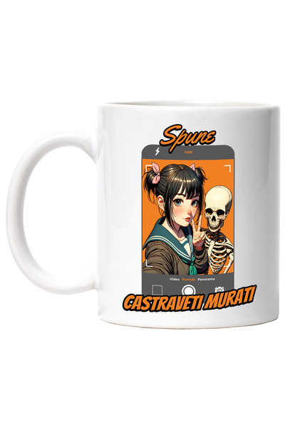 StoryGift Romania Cana fata cu schelete facand selfie castraveti murati, 330ml, Ceramic cu Maner A, Cu ,STG .