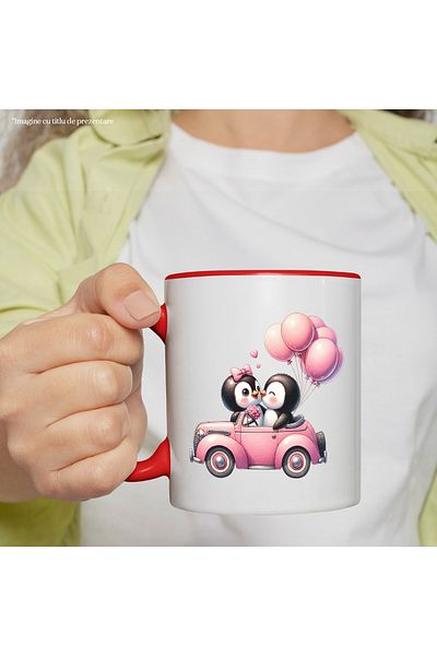 StoryGift Romania Mug with 2 penguins riding in a car | illustration | balloons | escape in , With ,STG .