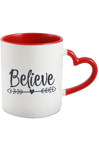 StoryGift Romania Mug with hearts and the text "Believe" - ​​believe hope with Red Heart Handle, With Handle, STG
